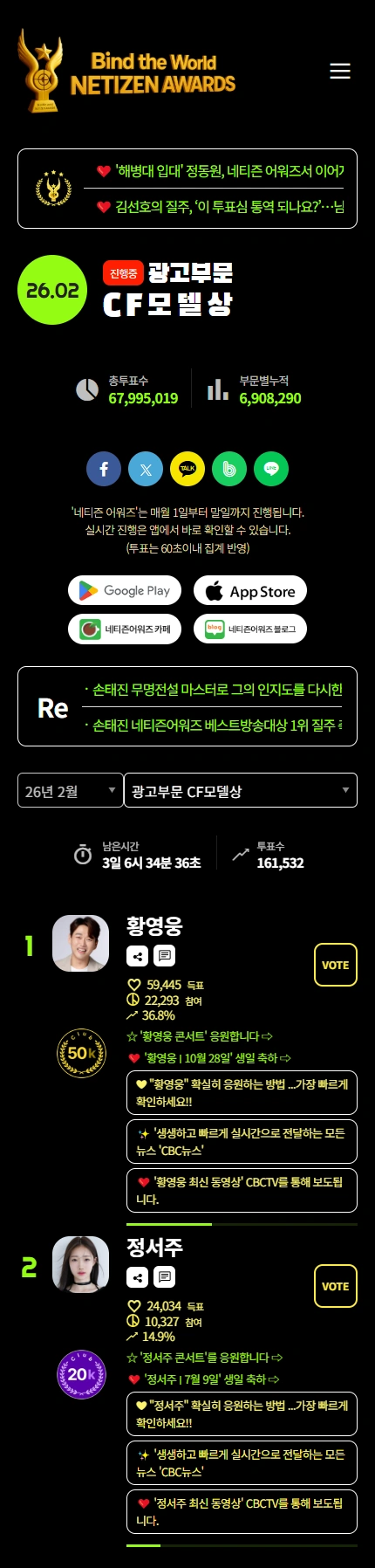 네티즌어워즈 홈페이지 모바일 화면 1