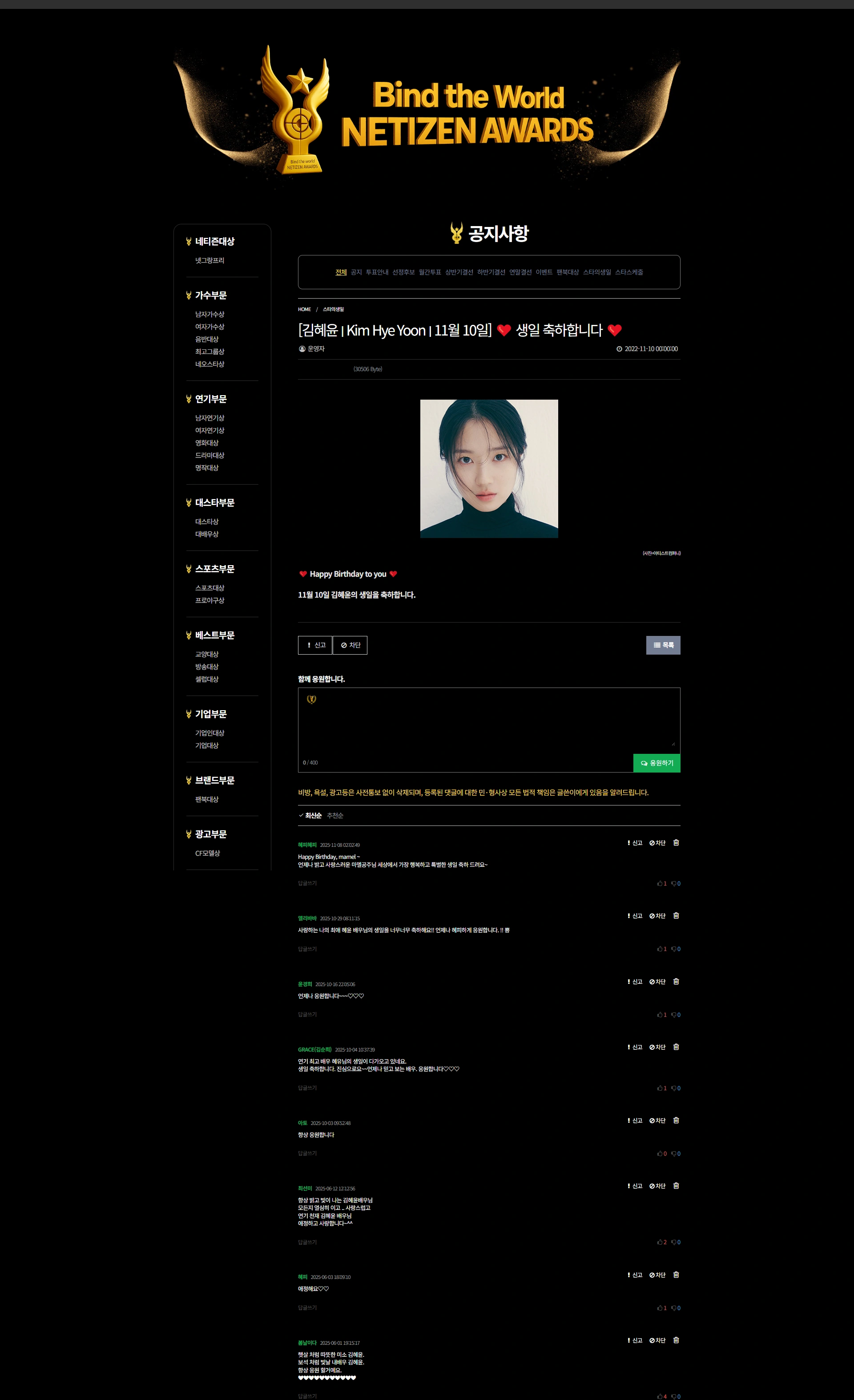 네티즌어워즈 홈페이지 PC 화면 2