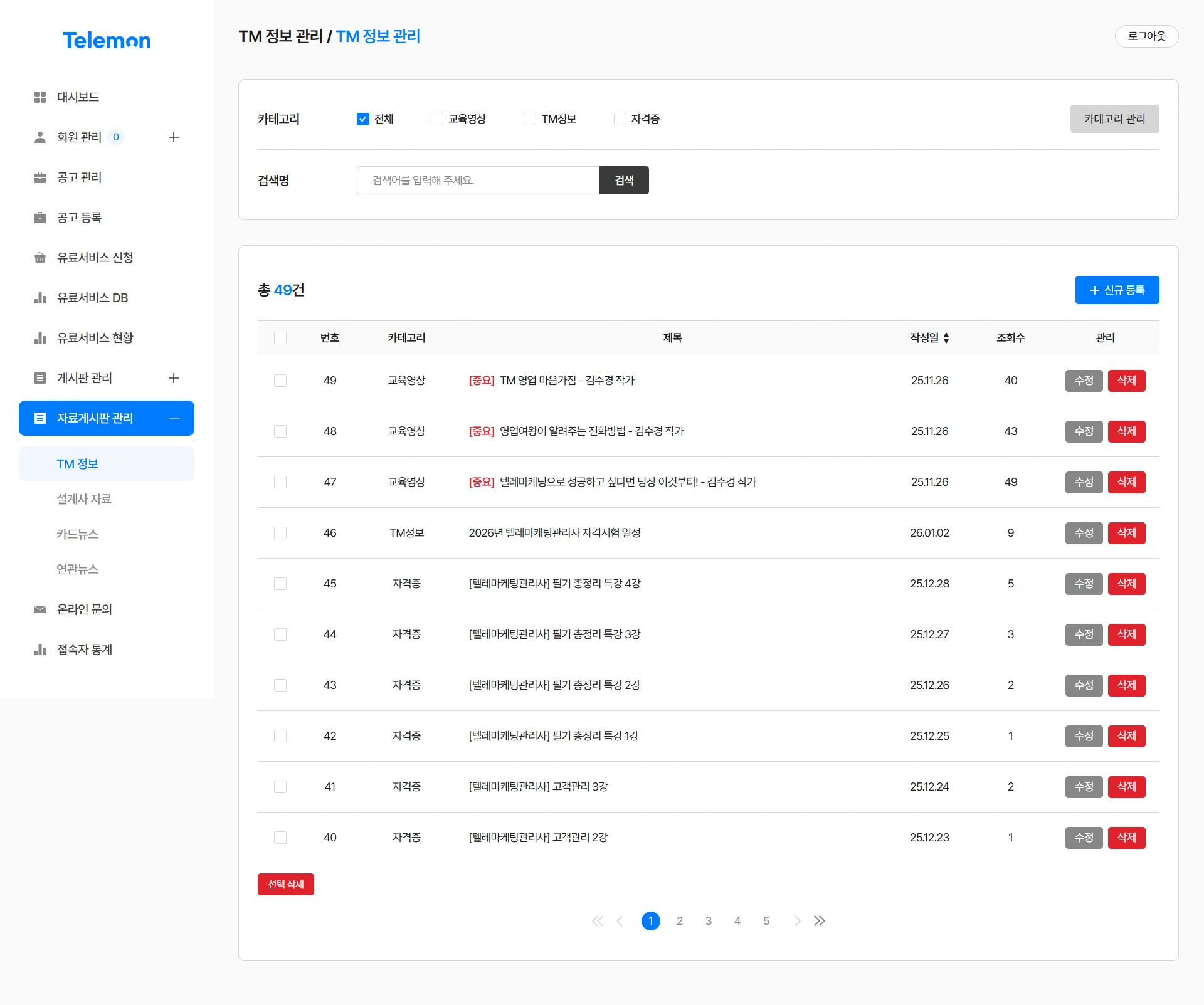 텔레몬 관리자 페이지 화면 2